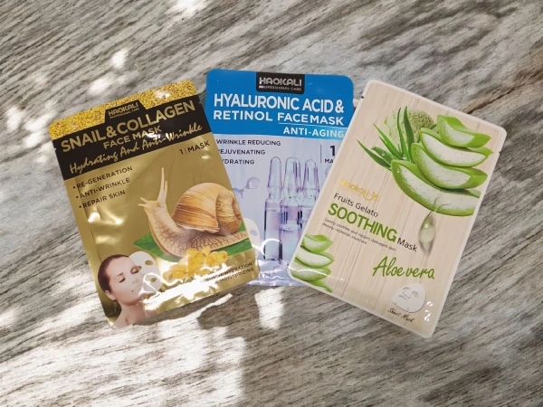 Haokali Aloe Vera/Hyaluronic acid a Retinol/Snail E collagen maska na tvár